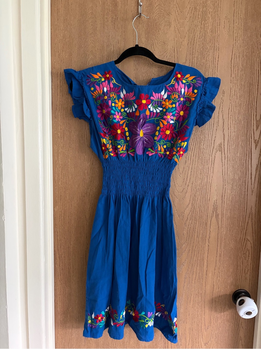 Blue Embroidered Mexican-Style Dress with Multicolor Floral Accents